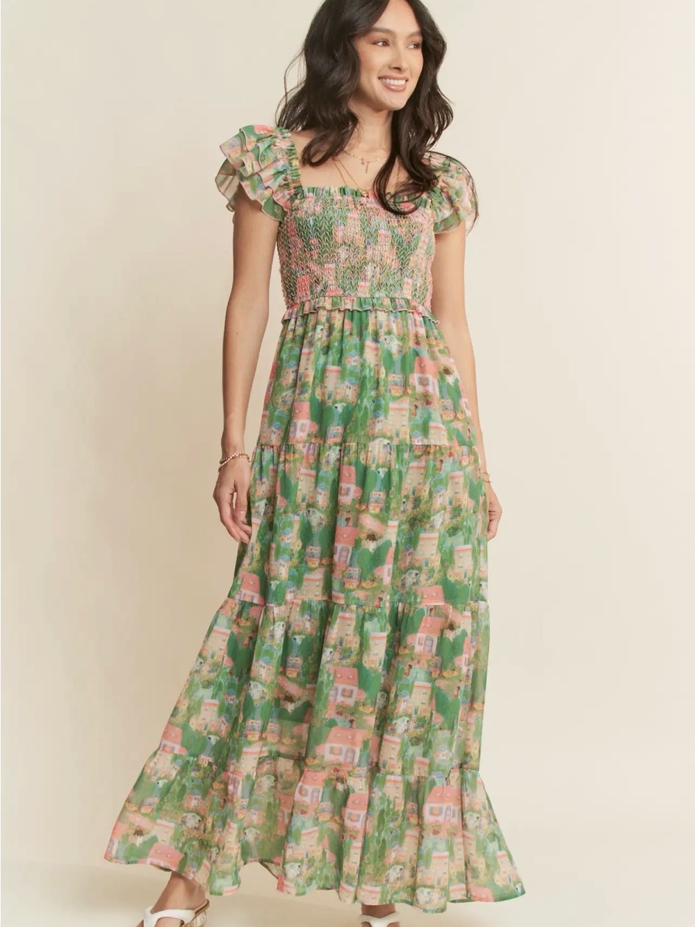 DAVI & DANI Green and Pink Floral Smocked Maxi Dress